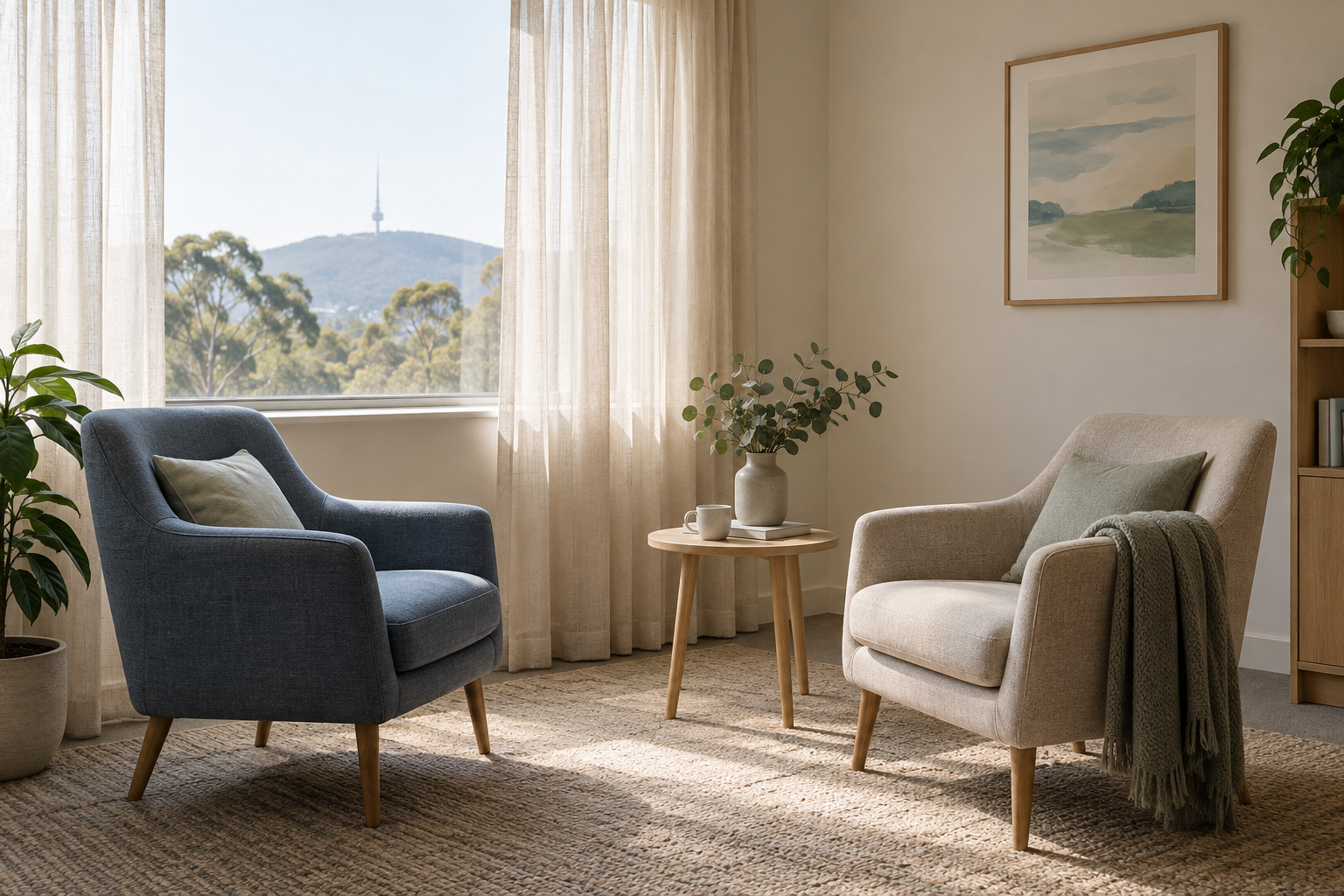 A calm counselling space with comfortable chairs